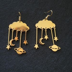 Stainless Steel Gold Celestial Cloud Moon Star Earrings Dangle
